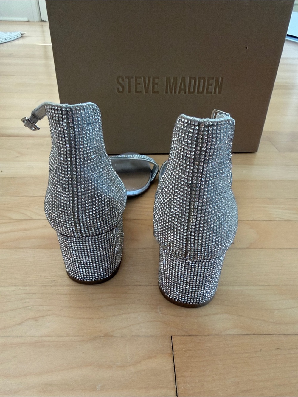 Steve Madden Silver Rhinestone Open-Toe Block Heels - Picture 5 of 7